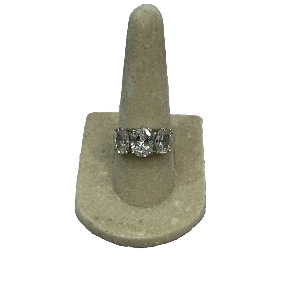 925 Sterling Silver JED 3 Stone Clear CZ Oval & Round Statement Ring Size‎ 7